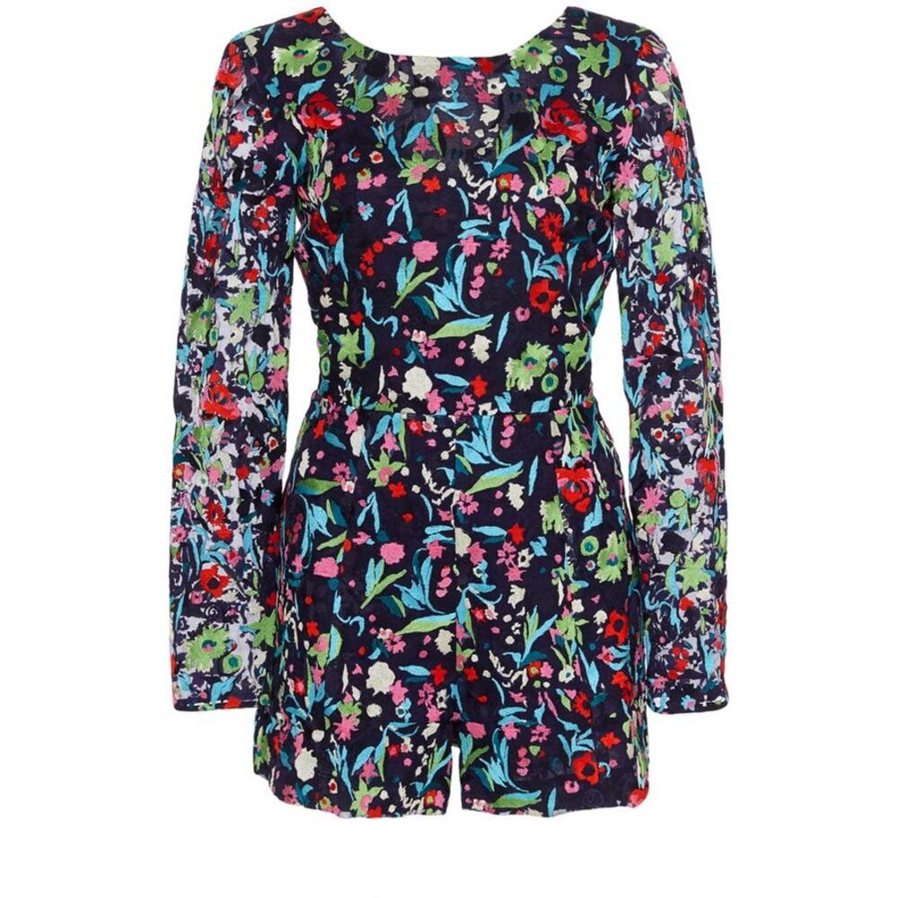 SALONI Florence Playsuit Size 6 Navy Blue Floral Embroidered Silk Long Sleeve‎